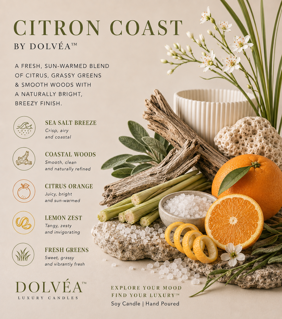 Citron Coast – Soy Candle, Net 08 oz | Wooden Wick | Sweet Grass & Citrus