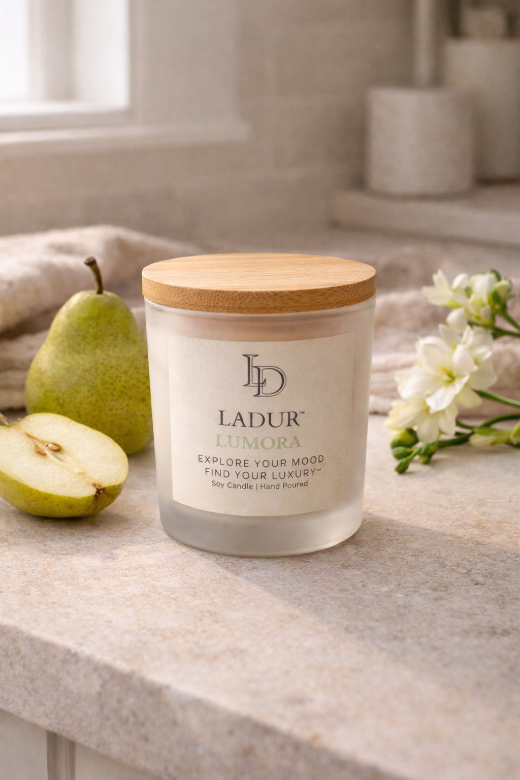 Lumora – Soy Candle, Net 08 oz | Wooden Wick | Fresh Pear & Elegant Soft Floral